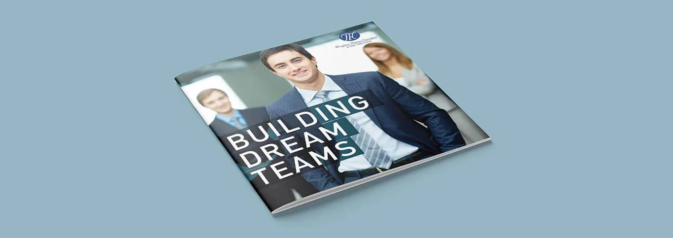 Wide banner mockup of a square Morpheus brochure titled “Building Dream Teams”, with a corporate team photograph and a navy monogram logo.