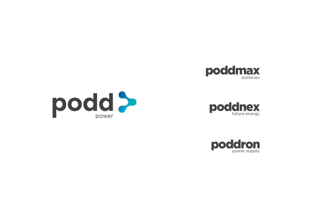 Logo family sheet: the podd power wordmark and arrow mark beside three sub-brand lockups — poddmax batteries, poddnex future energy, poddron power supply.