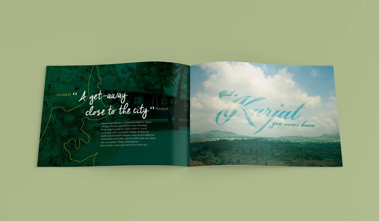 Open brochure spread with a dark green map graphic and copy describing a getaway close to the city.