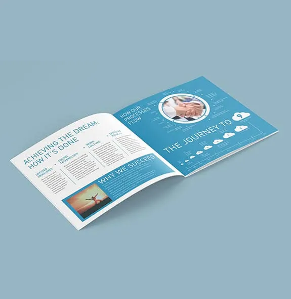 Open square brochure spread titled “Achieving the dream: how it’s done”, with columns covering defined deadlines, sound technology, work culture and effective results.