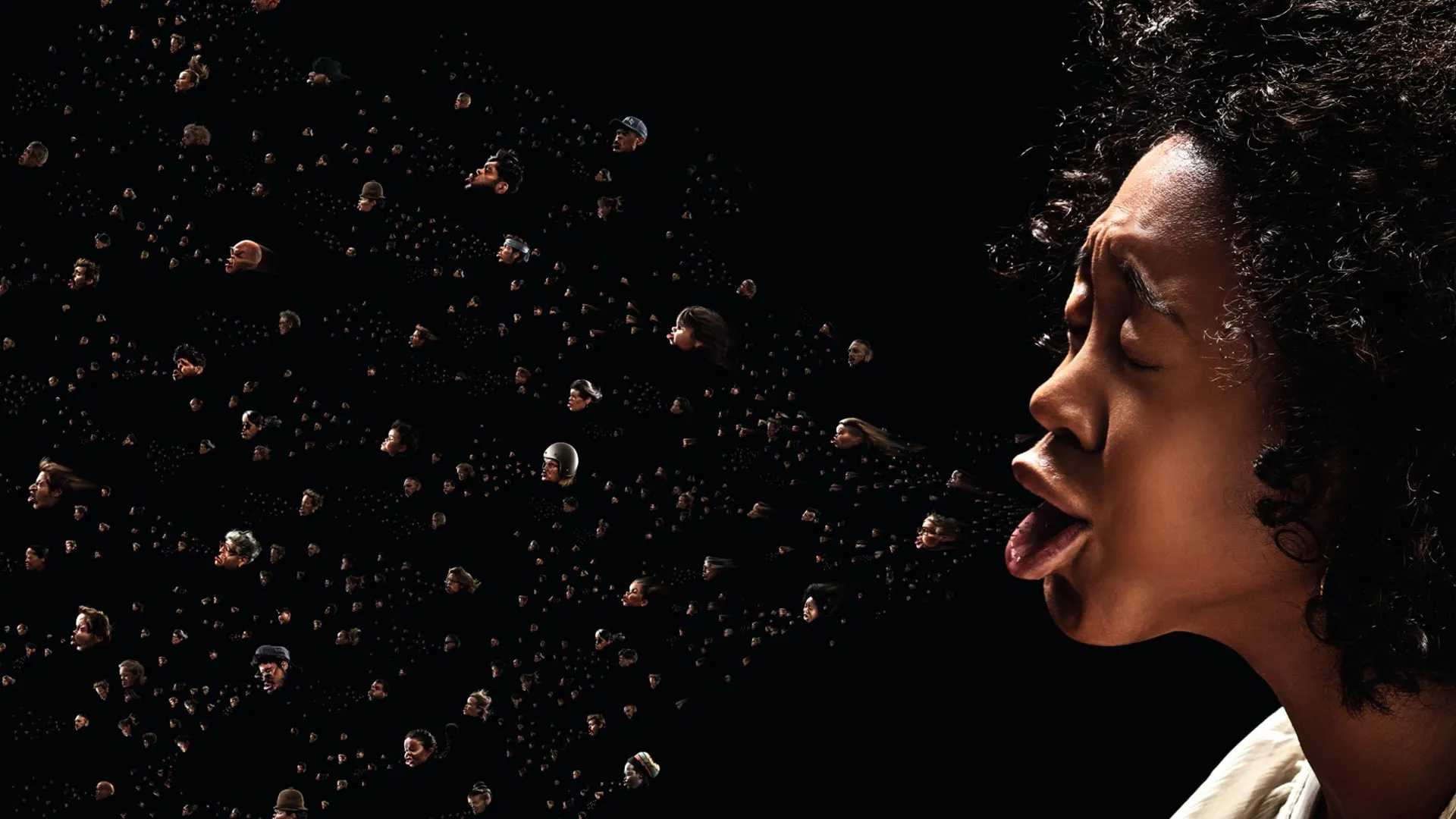 Campaign visual: profile of a woman with eyes closed and mouth open, with hundreds of tiny faces streaming toward her.