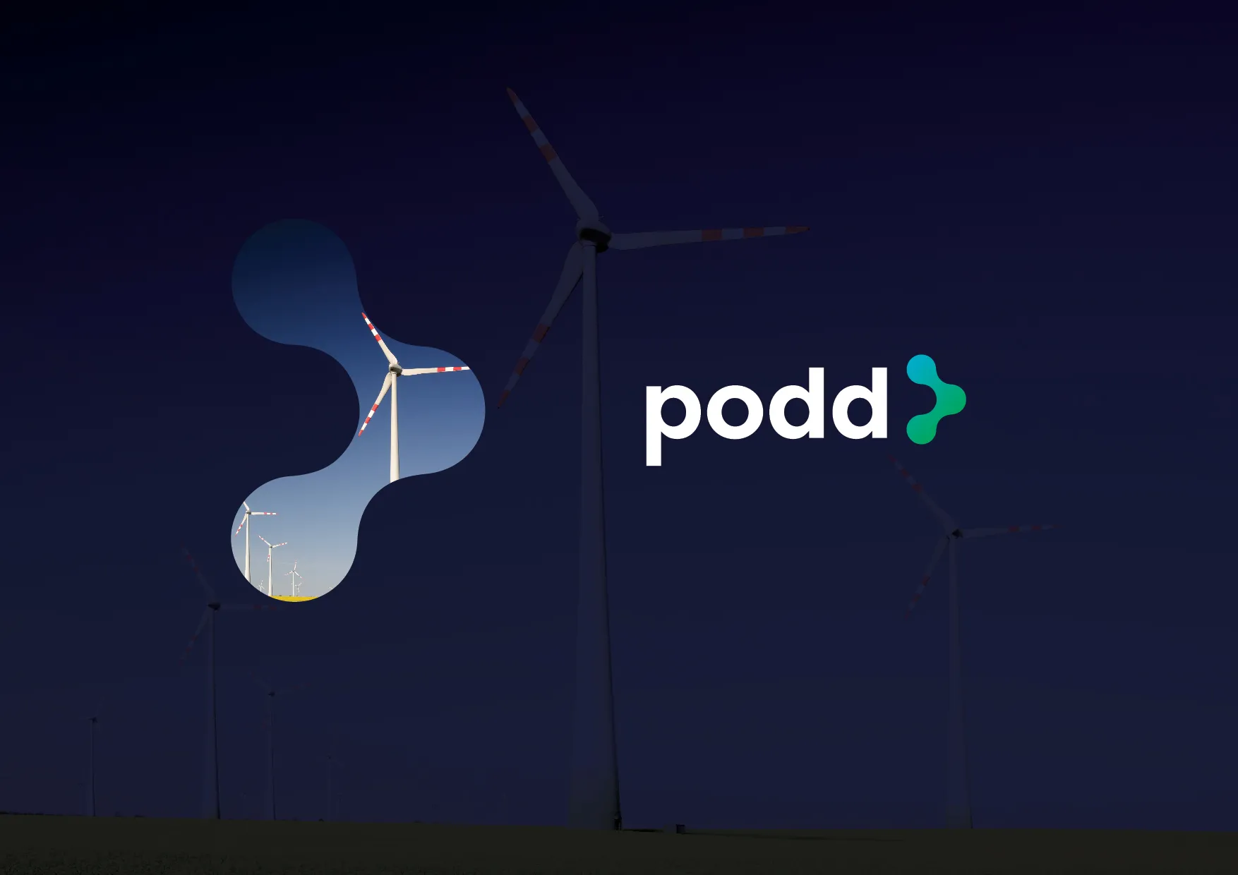 Wind turbines at night with the podd logo shape cut out to reveal a daytime wind farm, beside the white podd wordmark with a blue and green arrow symbol.