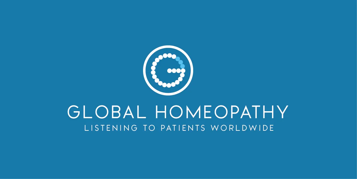 Primary logo lockup on cyan blue: the dotted G inside a white ring above the Global Homeopathy wordmark and tagline “Listening to patients worldwide”.