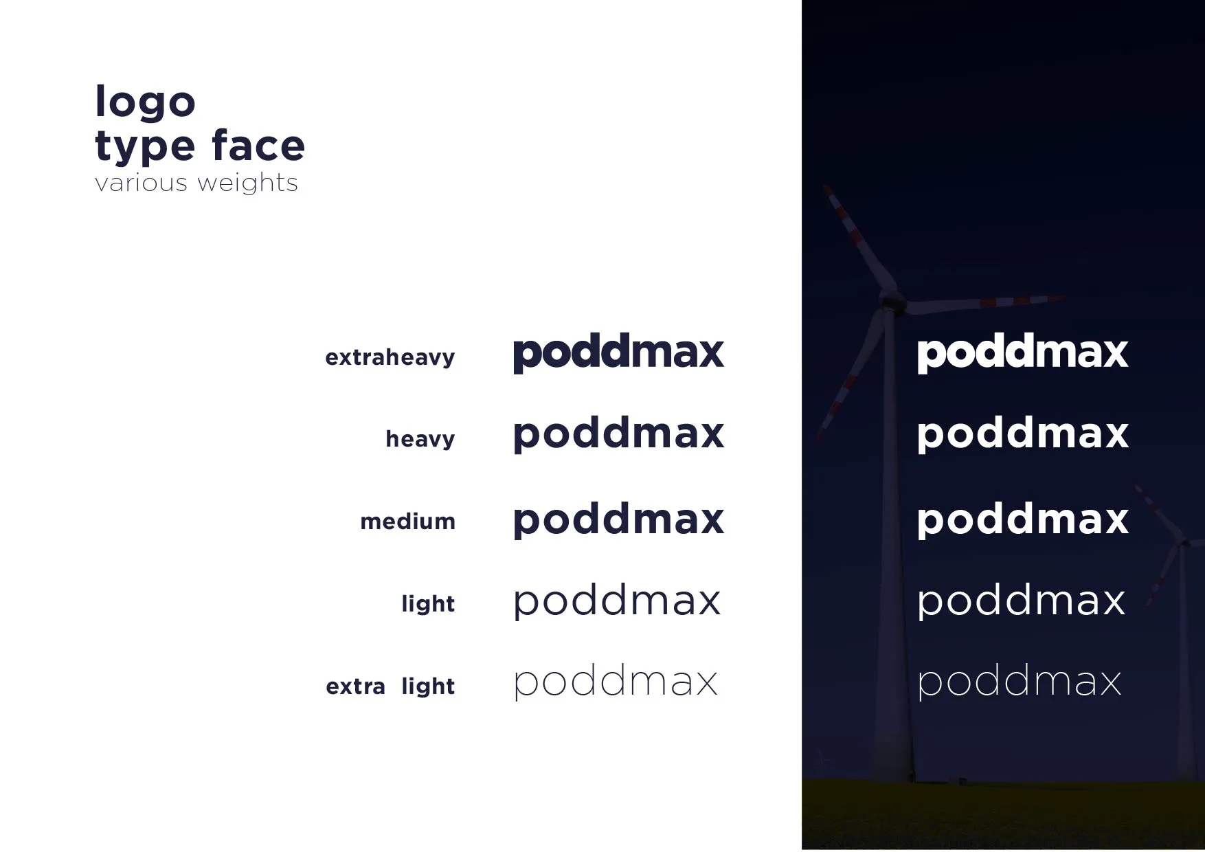 Typography guideline page showing the poddmax wordmark in five font weights, in dark blue on white and repeated in white on a dark wind-turbine background.