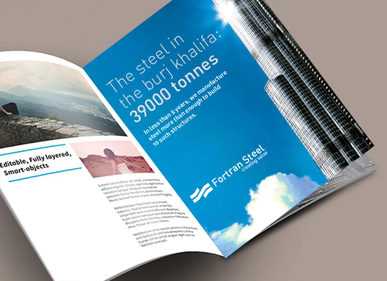 Open magazine with the Fortran Steel Burj Khalifa advertisement on the right-hand page.