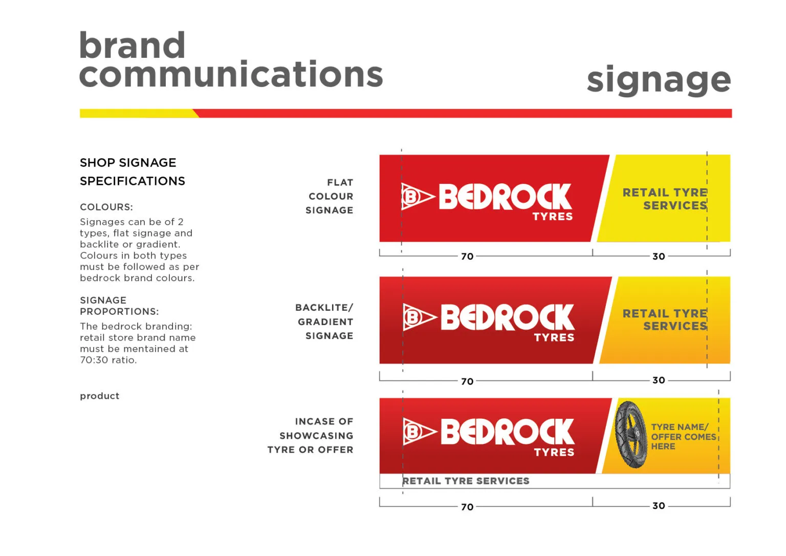 Brand manual signage page showing three red-and-yellow Bedrock Tyres shop sign variants.