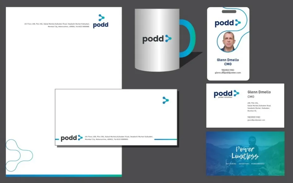 Mockup of podd branded stationery: letterhead, envelope, a mug, an employee ID card and business card, and a small card reading “Power Limitless”.