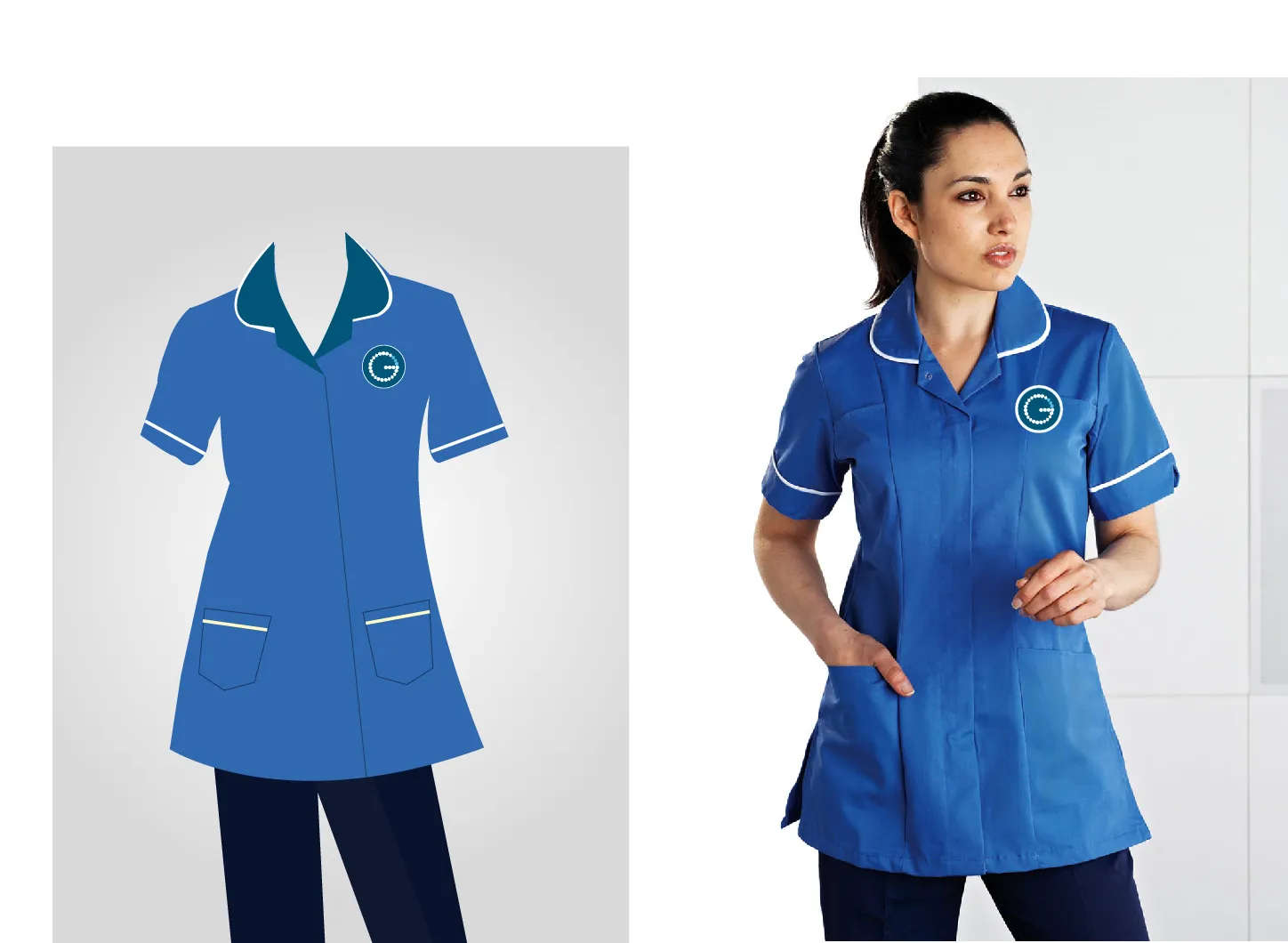 Staff uniform design: a flat illustration of a blue clinical tunic with the G logo badge, beside a photo of a woman wearing it.